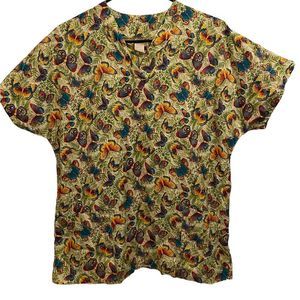 Cotton Club Retro Fun Multicolor Butterfly and Fern Short Sleeve Medical Scrubs